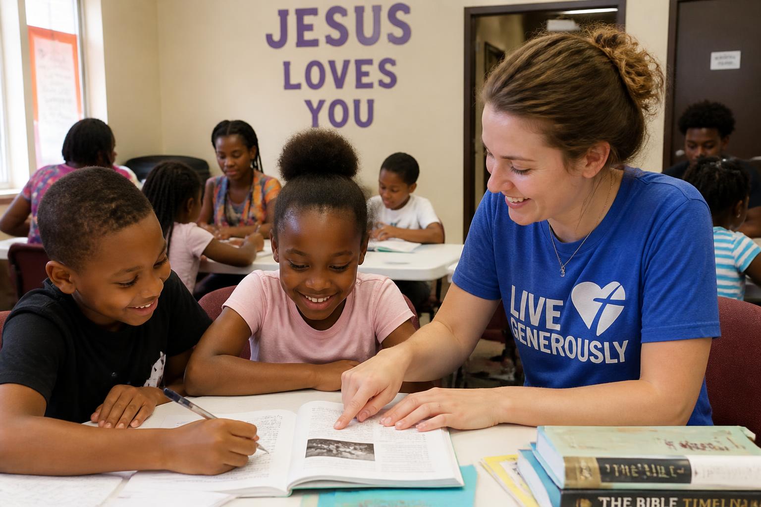 A volunteer supporting children with their studies