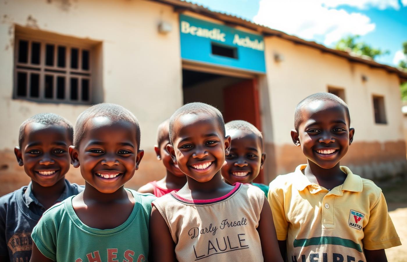 Children in Haiti outside a school building